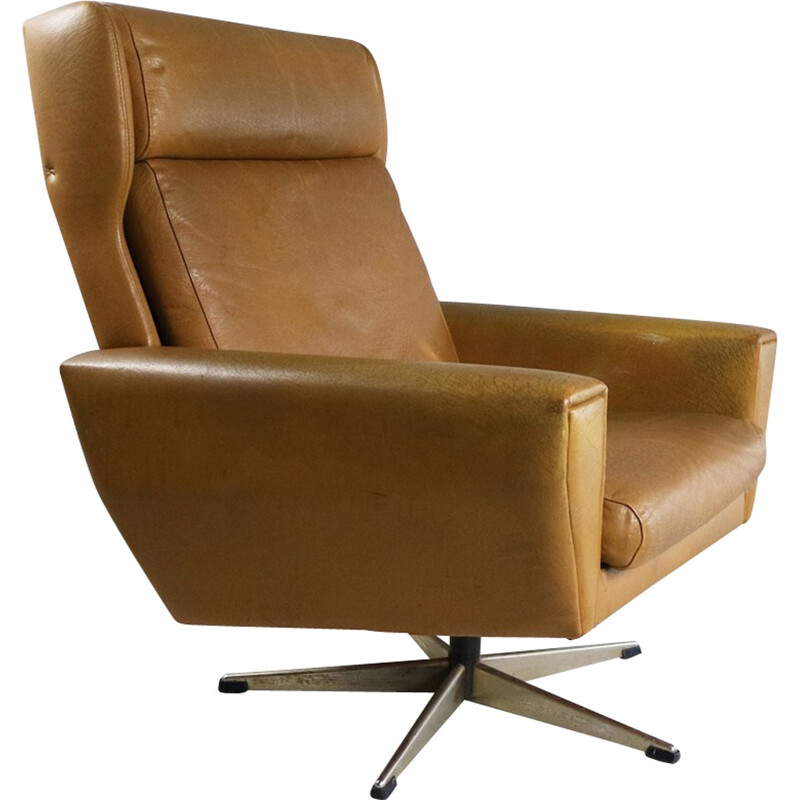 Danish vintage swivel leather armchair - 1970s