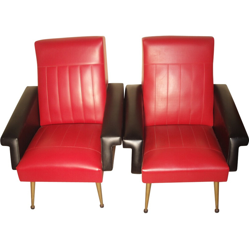 Pair of vintage armchairs in black and red leatherette - 1970s