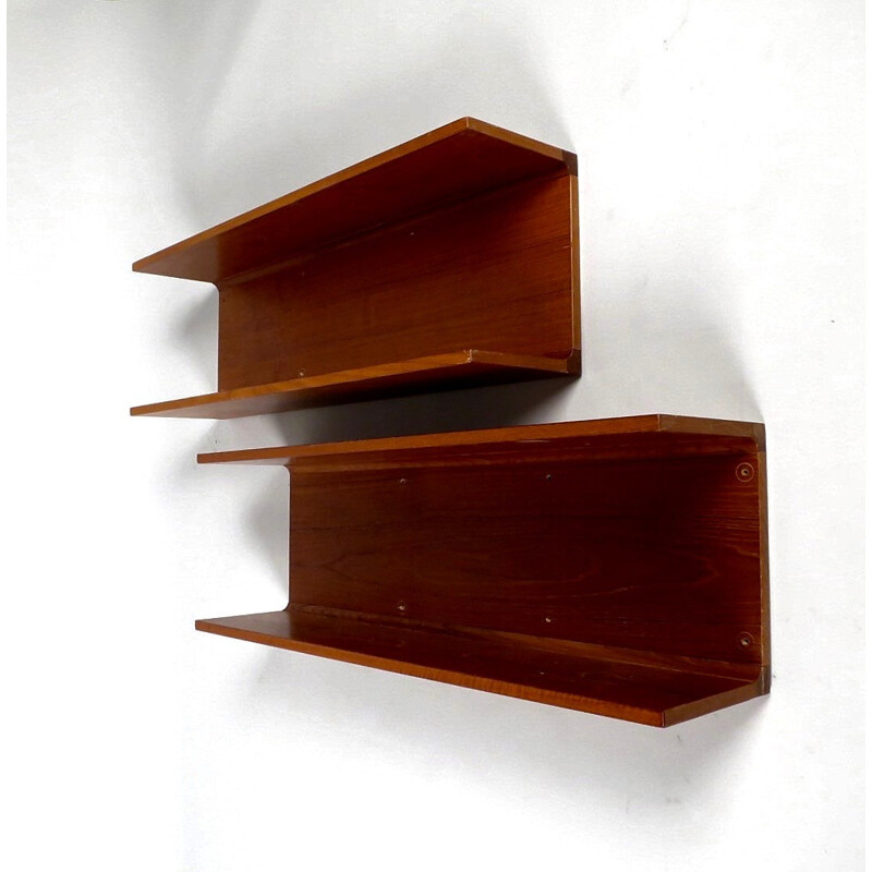 Duo of mid-century hanging teak shelves - 1950s