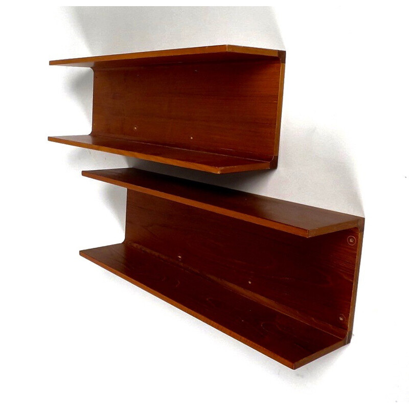 Duo of mid-century hanging teak shelves - 1950s