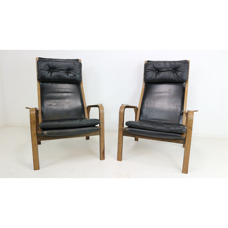 Paire de fauteuils en cuir noir de Yngve Ekstrom - 1960