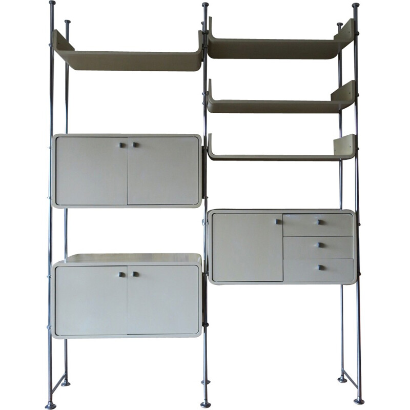 Système d'étagère modulaire autoportant ou séparateur de pièce vintage en bois et acier - 1970