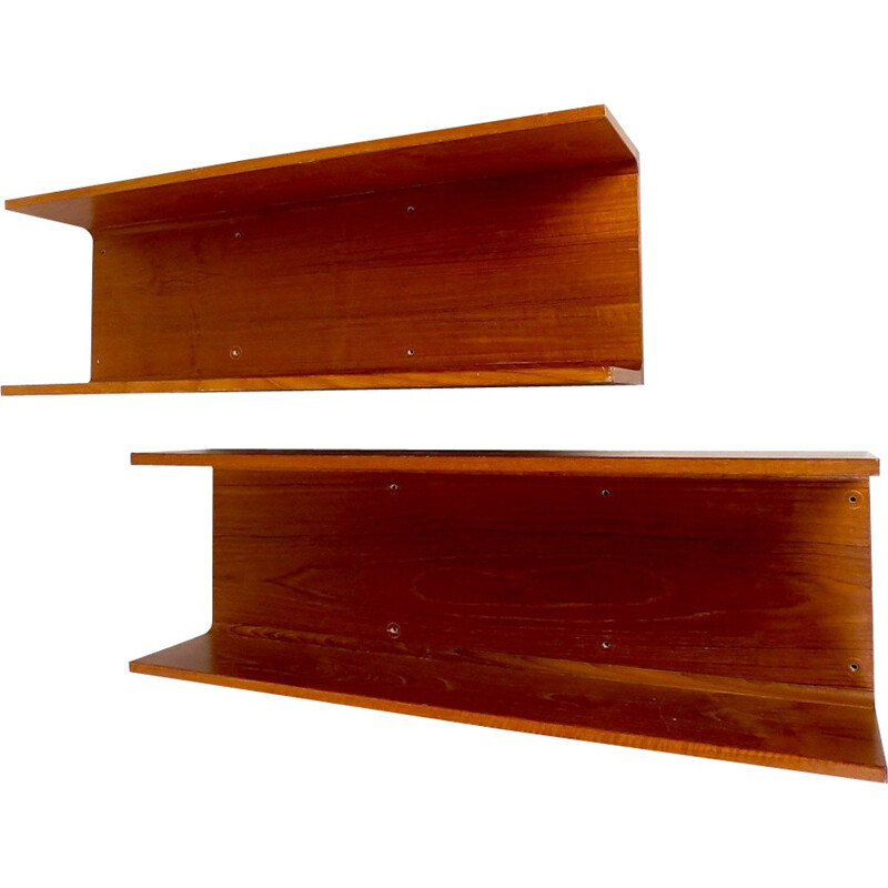 Duo of mid-century hanging teak shelves - 1950s