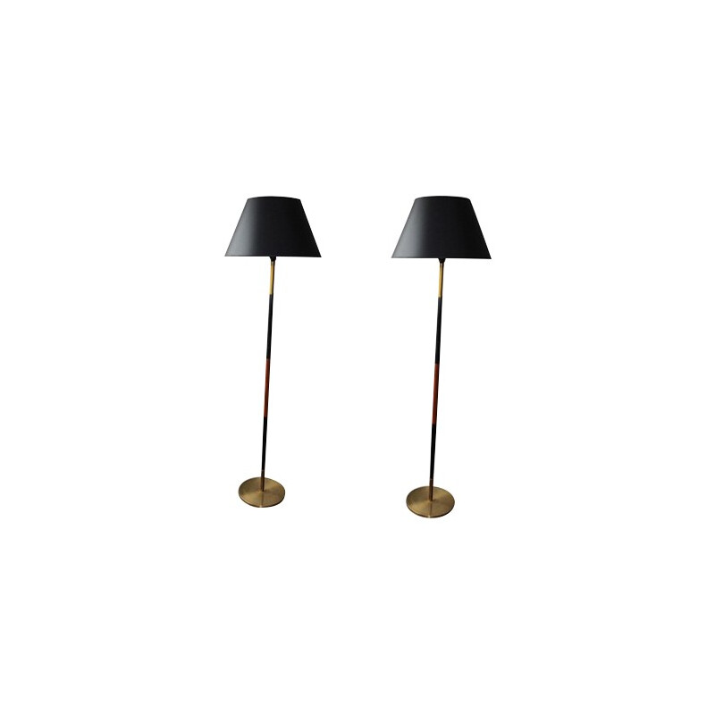 Pair of danish floor lamp in teak and brass - 1960s