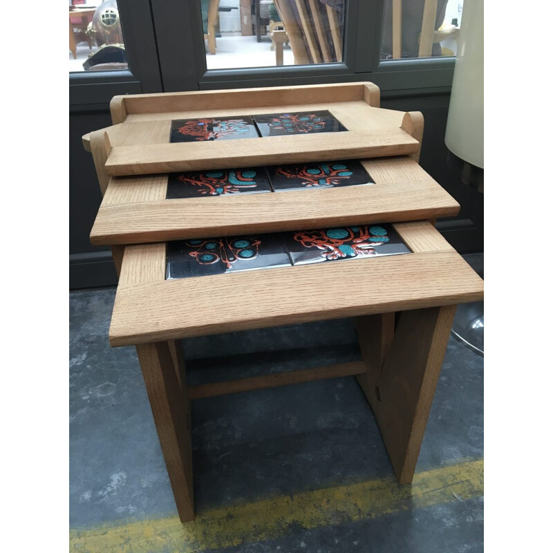 Vintage nesting tables in oak by Guillerme and Chambron - 1960s