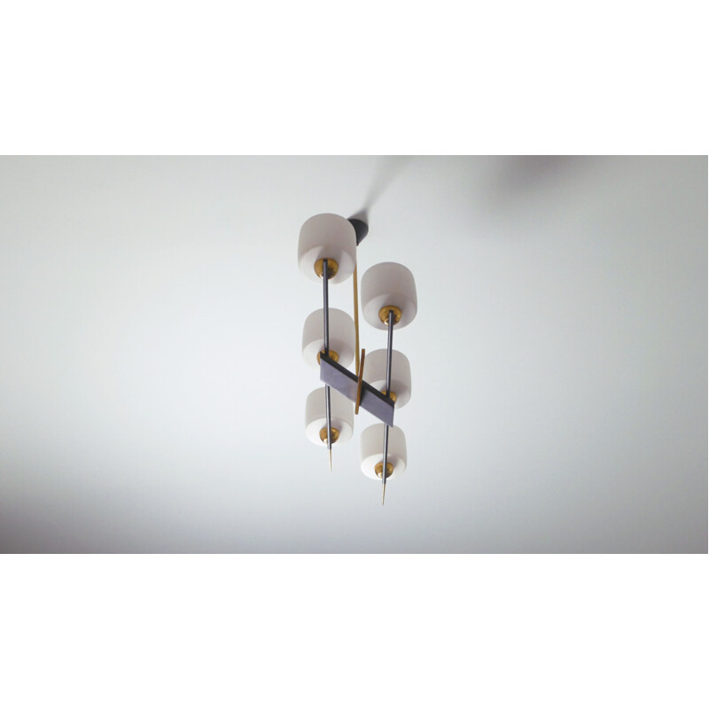 Vintage chandelier in metal and opaline for Maison Arlus - 1960s