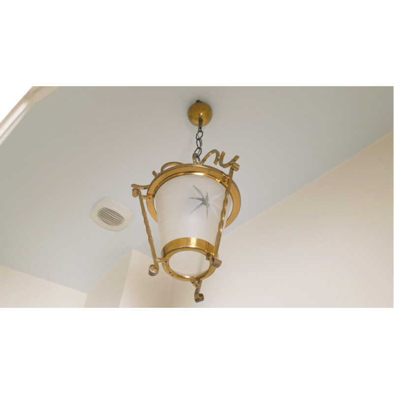 Vintage lantern chandelier in opaline and brass - 1940s