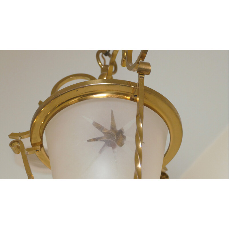 Vintage lantern chandelier in opaline and brass - 1940s