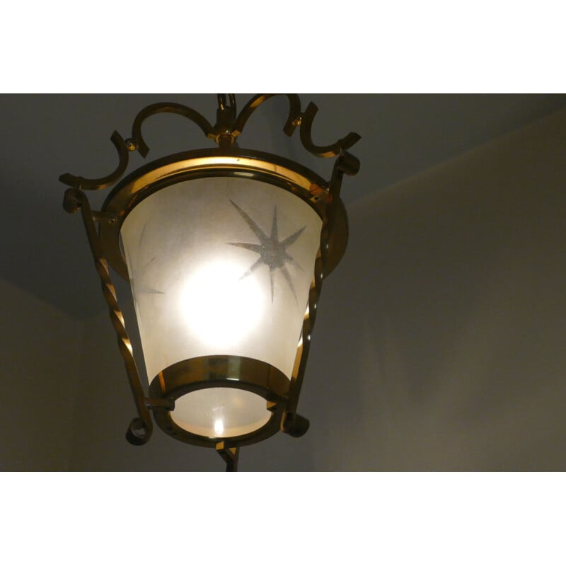 Vintage lantern chandelier in opaline and brass - 1940s