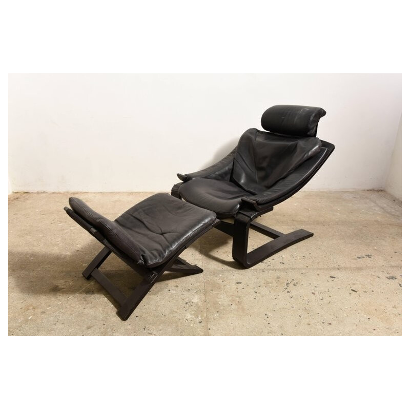 Cadeira de sala e apoio para pés preto por Ake Fribyter para Nelo - 1980
