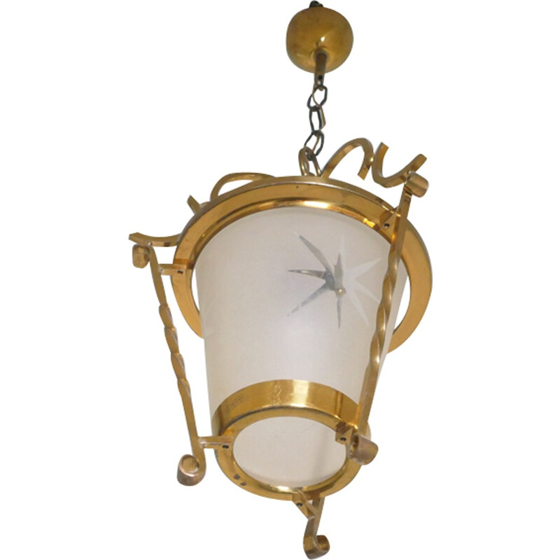 Vintage lantern chandelier in opaline and brass - 1940s