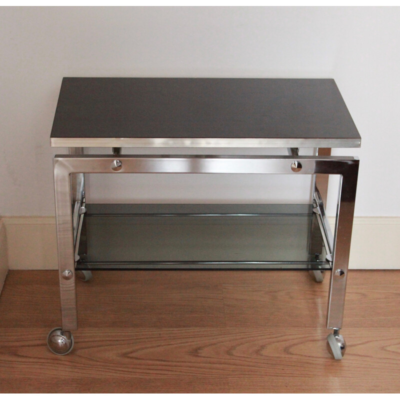 Vintage double tray trolley on wooden wheels and smoked glass - 1970s