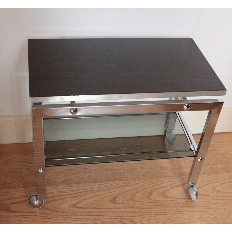 Vintage double tray trolley on wooden wheels and smoked glass - 1970s