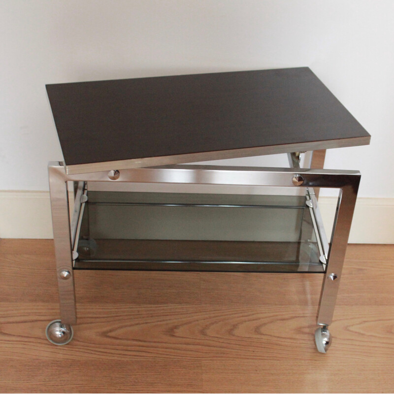 Vintage double tray trolley on wooden wheels and smoked glass - 1970s
