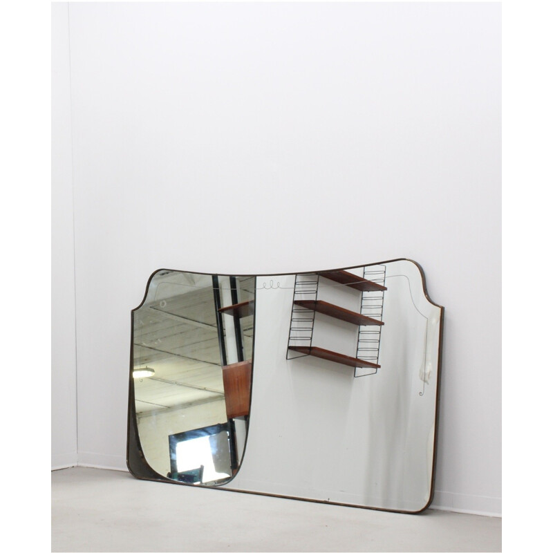 Vintage big horizontal mirror with a brass and wood frame - 1950s
