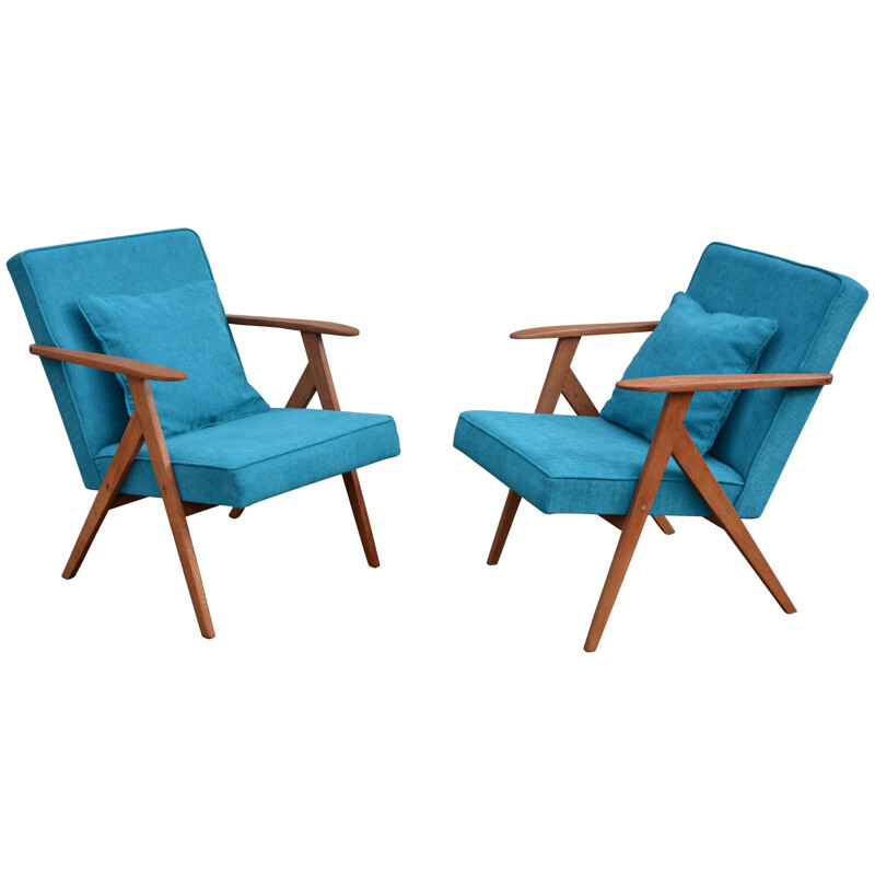 Pair of soviet armchairs in blue turquoise fabric and teak - 1960s