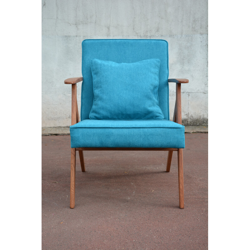 Pair of soviet armchairs in blue turquoise fabric and teak - 1960s