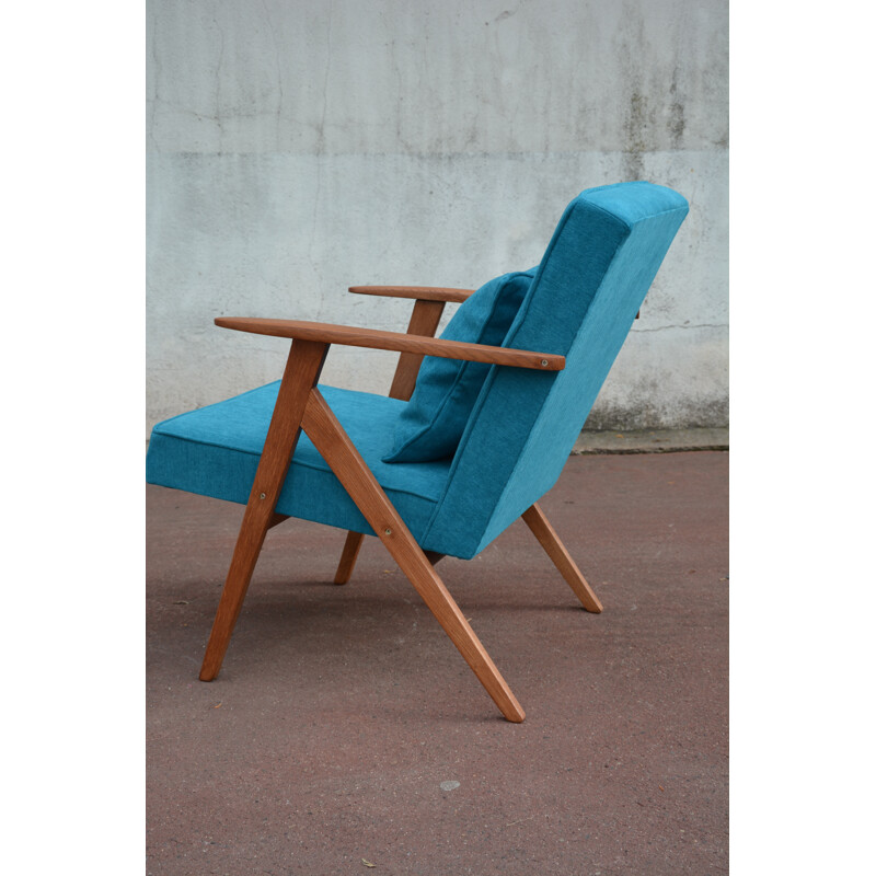 Pair of soviet armchairs in blue turquoise fabric and teak - 1960s