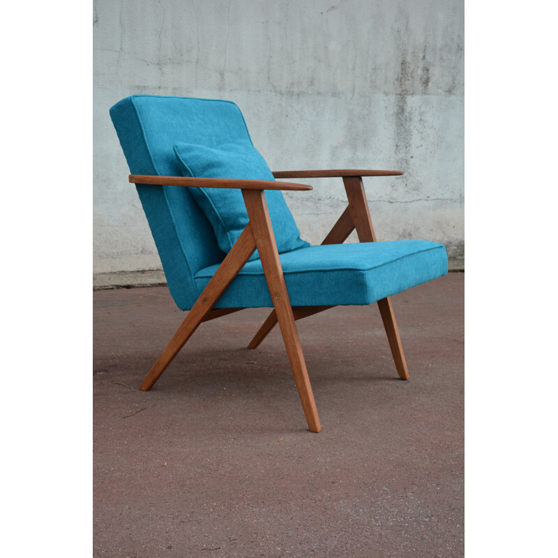 Pair of soviet armchairs in blue turquoise fabric and teak - 1960s