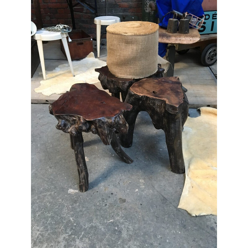 Set of 3 vintage petrified wood stools - 1990s