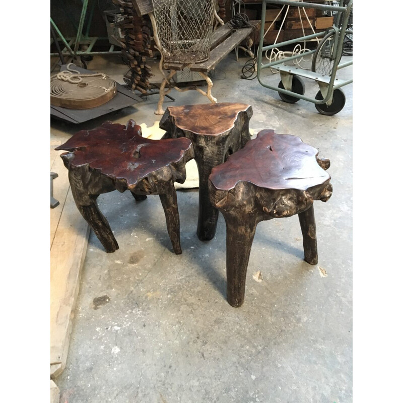 Set of 3 vintage petrified wood stools - 1990s