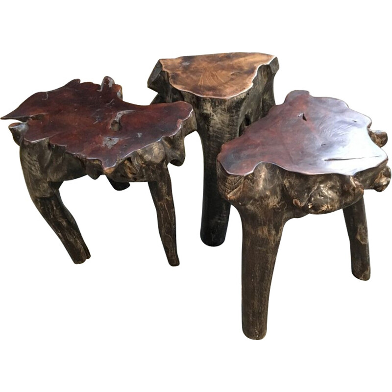 Set of 3 vintage petrified wood stools - 1990s