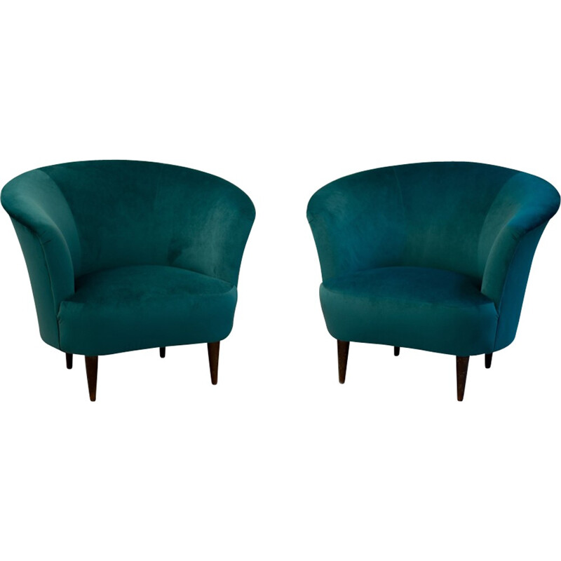 Pair of vintage italian blue velvet armchairs - 1940s