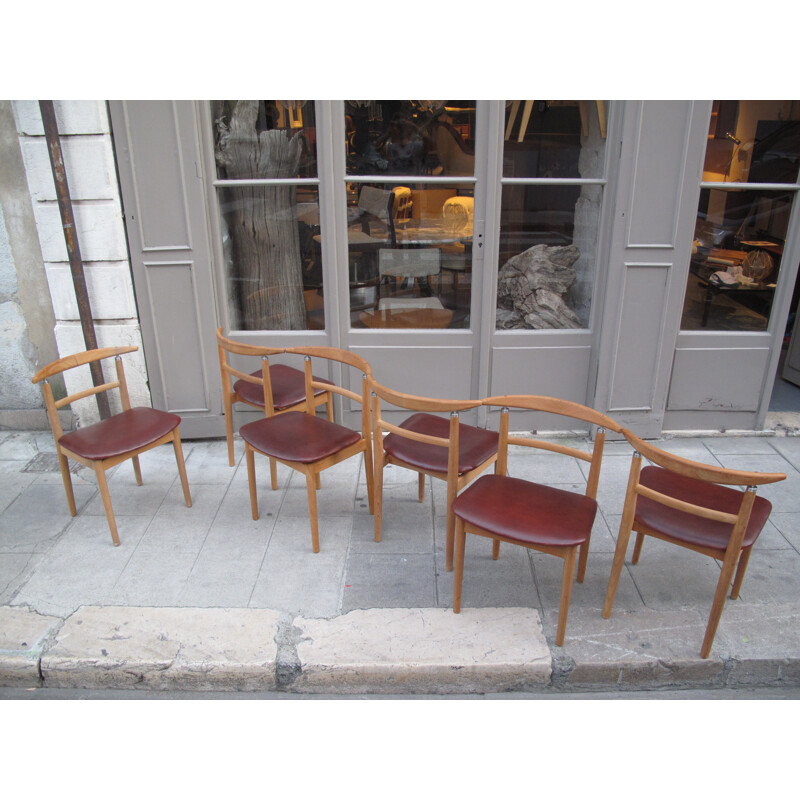 Ensemble de 6 chaises en cuir, métal et teck, Helge SIBAST - 1960