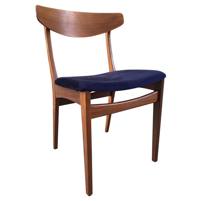 Blue danish vintage chair in teak and velvet  - 1960s