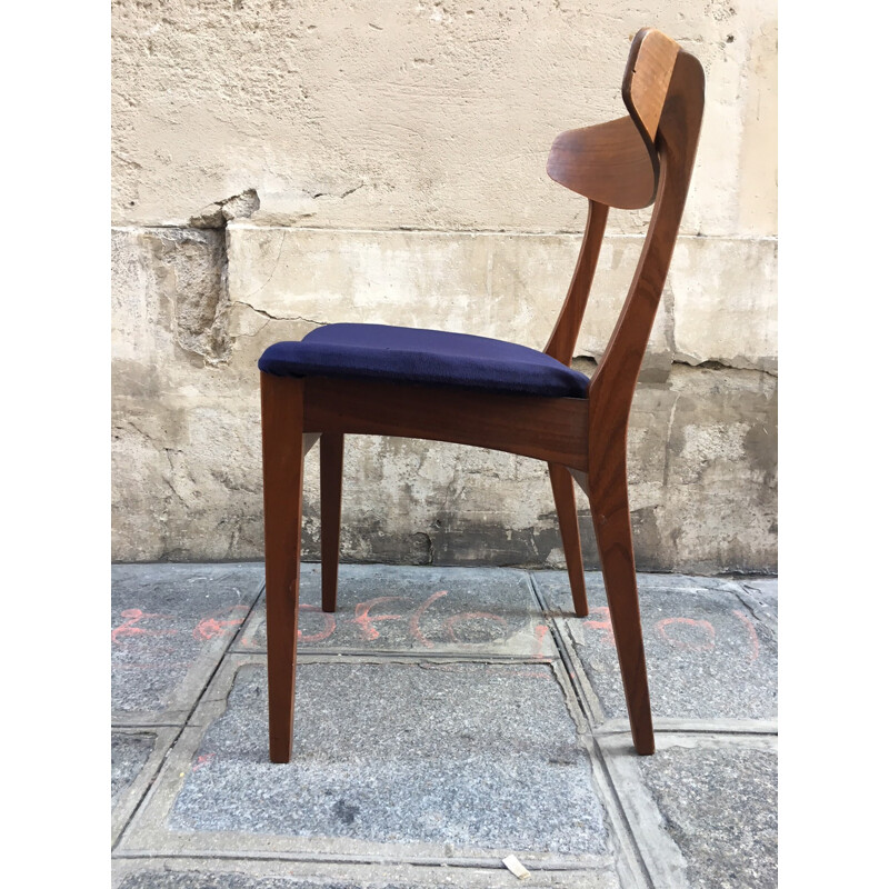 Blue danish vintage chair in teak and velvet  - 1960s