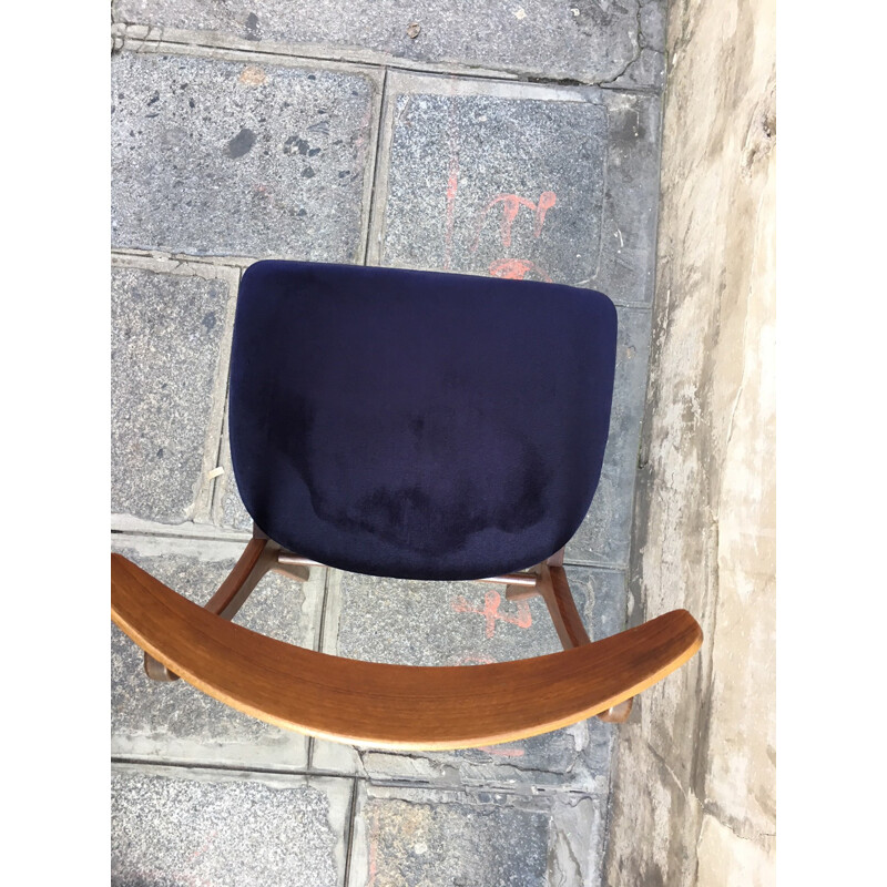 Blue danish vintage chair in teak and velvet  - 1960s