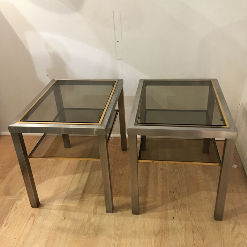 Set of 2 vintage side tables in brushed aluminum and goldent brass - 1970s