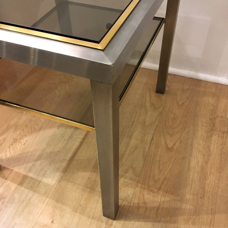 Set of 2 vintage side tables in brushed aluminum and goldent brass - 1970s