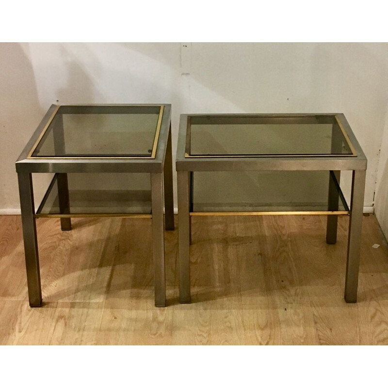 Set of 2 vintage side tables in brushed aluminum and goldent brass - 1970s