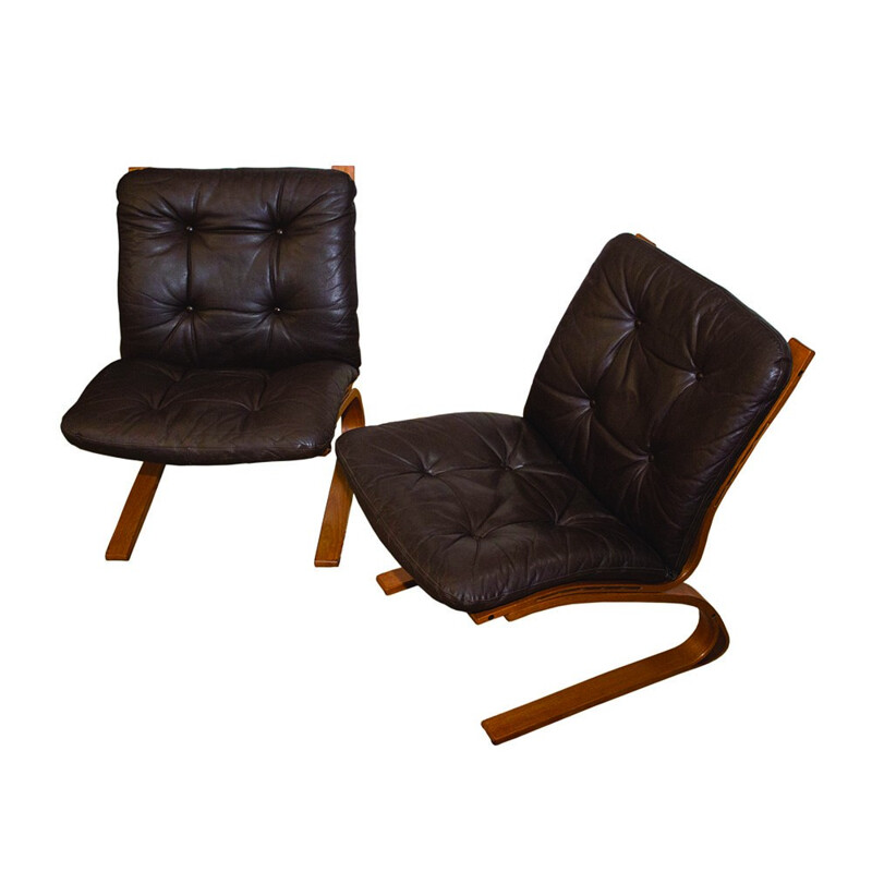 Set of 2 "Kengu" vintage norwegian brown leather armchairs by Elsa & Nordahl Solheim for Rykken & Co - 1976