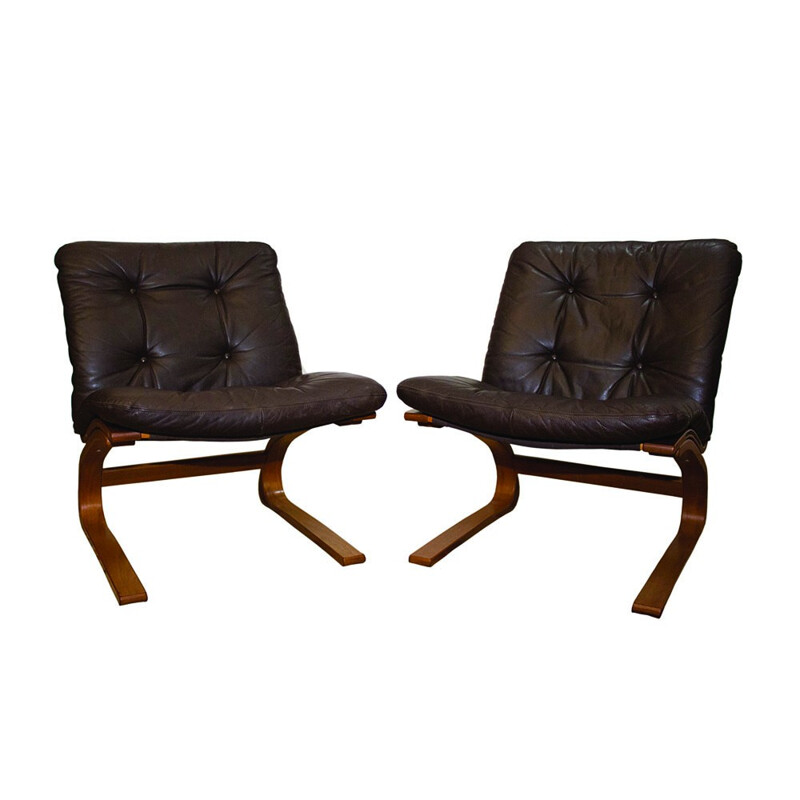 Set of 2 "Kengu" vintage norwegian brown leather armchairs by Elsa & Nordahl Solheim for Rykken & Co - 1976