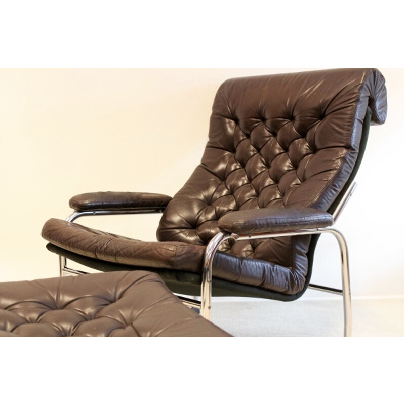 Vintage Noboru Nakamura Bore Leather Lounge Chair with Footstool - 1970s