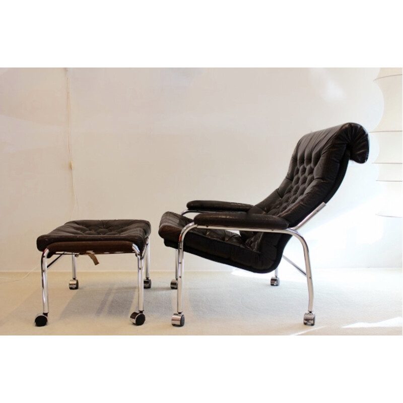 Vintage Noboru Nakamura Bore Leather Lounge Chair with Footstool - 1970s