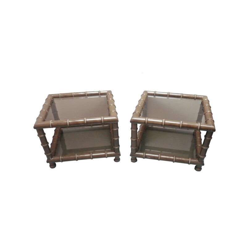 Pair of vintage wooden sofa ends decorated with fake bamboo and smoked glasses - 1970s