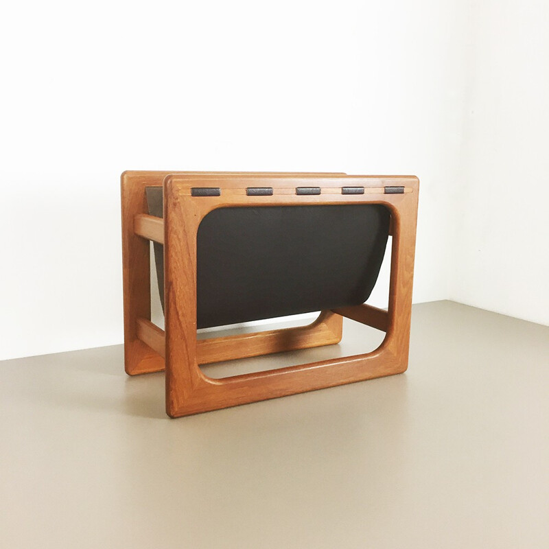 Minimalistic danish teak and leather magazine rack by Salin Mobler - 1970s