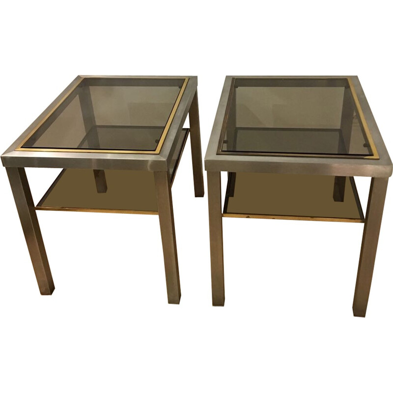 Set of 2 vintage side tables in brushed aluminum and goldent brass - 1970s