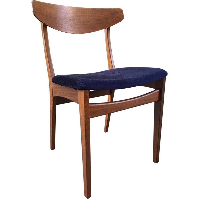 Blue danish vintage chair in teak and velvet  - 1960s