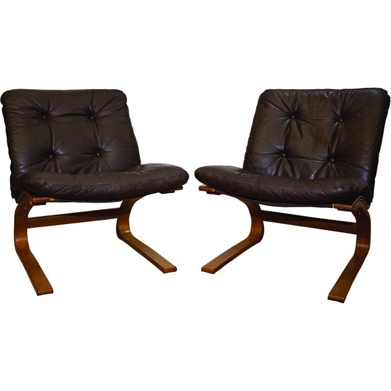 Set of 2 "Kengu" vintage norwegian brown leather armchairs by Elsa & Nordahl Solheim for Rykken & Co - 1976