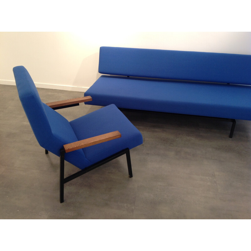 Convertible sofa in metal, wood and blue fabric, Martin VISSER - 1960s