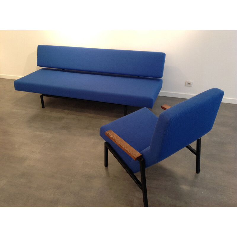 Convertible sofa in metal, wood and blue fabric, Martin VISSER - 1960s