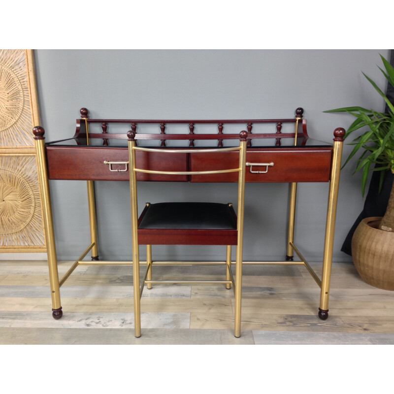 Desk in wood and glass with its chair by Gautier - 1970s