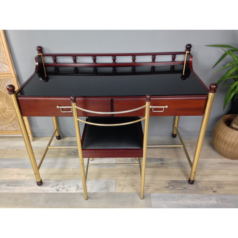 Desk in wood and glass with its chair by Gautier - 1970s