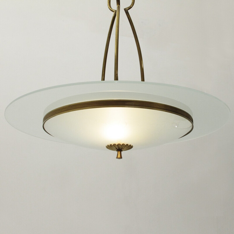 Vintage brass and glass pendant lamp - 1940s