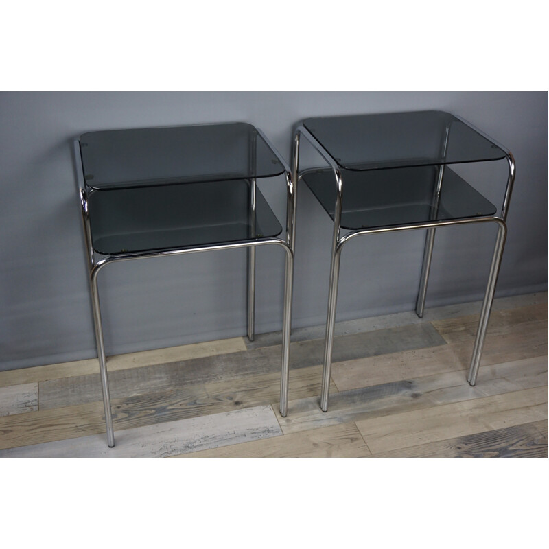 Pair of vintage smoked glass side tables - 1970s