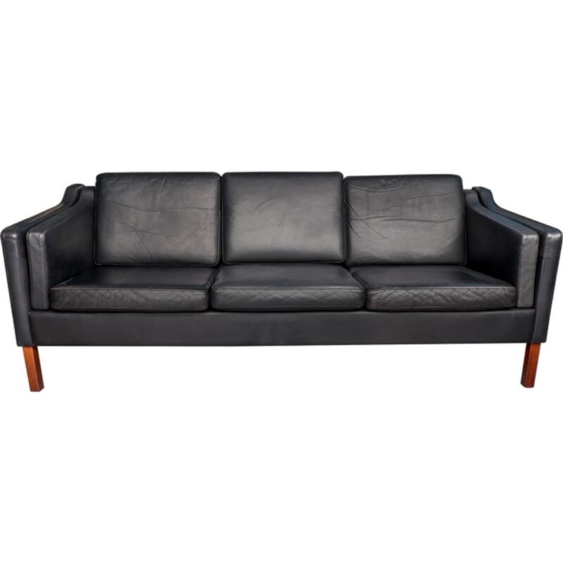 Vintage black leather sofa by Hans Morgensen - 1970s